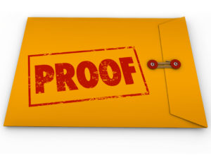 Proof word stamped on a yellow envelope containing documents as evidence or testimony in a court case or other dispute